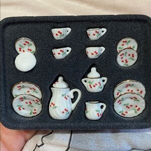 Miniature 1:12 scale Porcelain Tea Set with Cherry Motif - White & Red